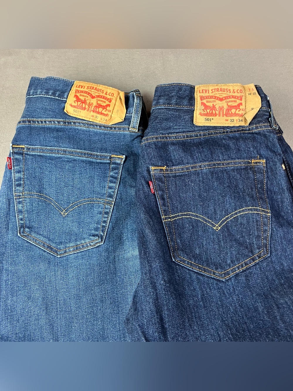 (Lot of 2) Levi's 501 Straight Leg Jeans Men’s Size 32x43 Blue Denim Light Dark.